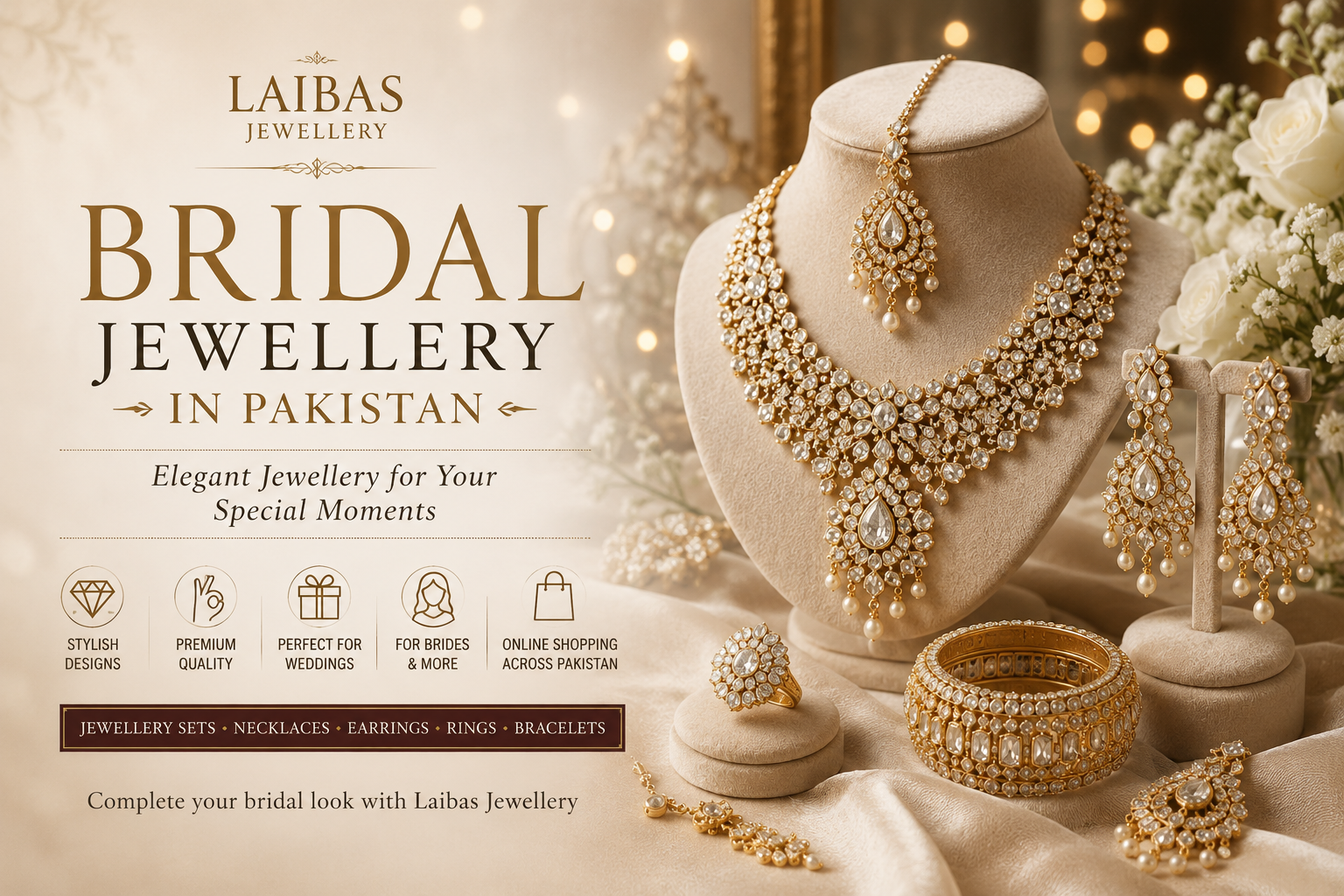 Bridal jewellery in Pakistan by Laibas Jewellery with artificial jewellery sets, earrings, rings, necklaces and bracelets